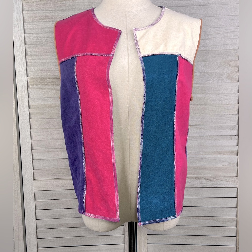 Handmade Reversible Patchwork Vest Faux Suede/Fleece-S/M